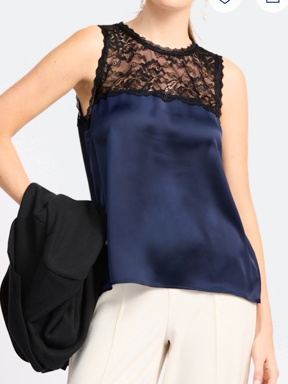 Satin Navy Sleeveless Lace Yoke Blouse‎